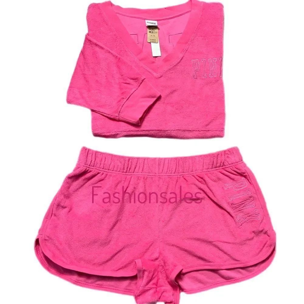 Victoria’s Secret Pink Varsity Beach Terry Cloth Pullover & Shorts Set Pink XL